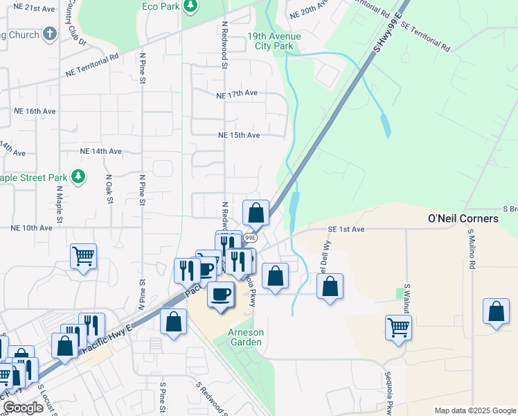 map of restaurants, bars, coffee shops, grocery stores, and more near 1691 Northeast 10th Place in Canby