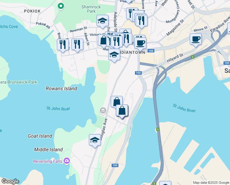 map of restaurants, bars, coffee shops, grocery stores, and more near 190 Douglas Avenue in Saint John
