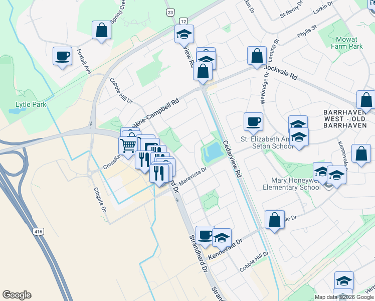 map of restaurants, bars, coffee shops, grocery stores, and more near Bretby Crescent in Ottawa