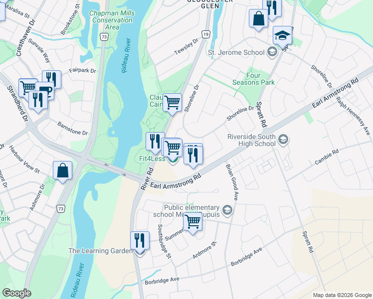 map of restaurants, bars, coffee shops, grocery stores, and more near Wild Shore Crescent in Ottawa
