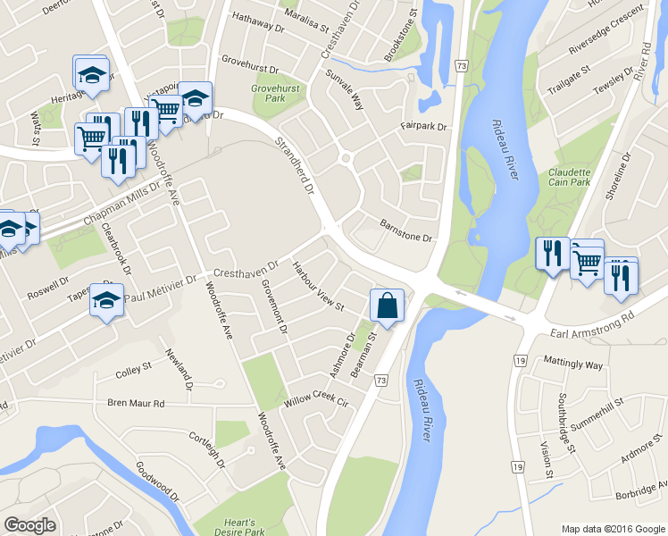 map of restaurants, bars, coffee shops, grocery stores, and more near 247 Felicia Crescent in Ottawa