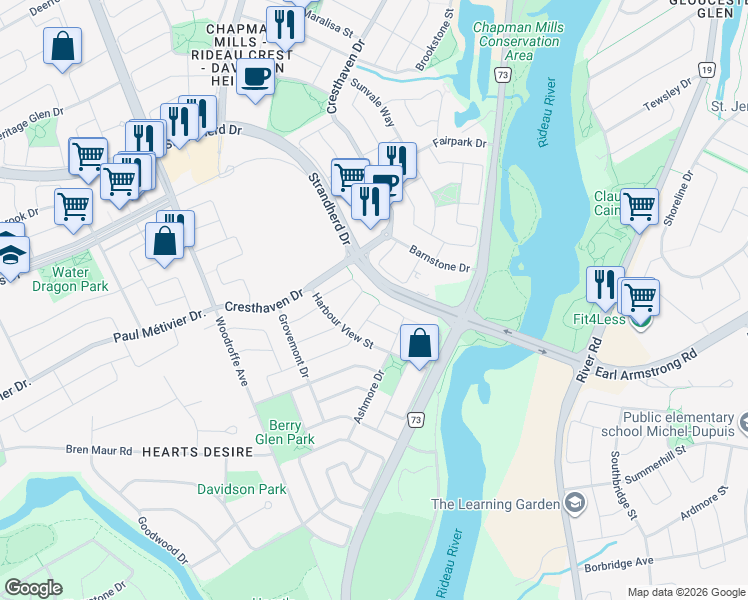 map of restaurants, bars, coffee shops, grocery stores, and more near 325 Bakewell Crescent in Ottawa