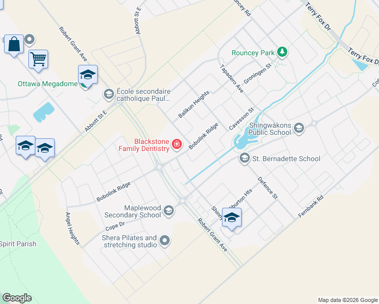 map of restaurants, bars, coffee shops, grocery stores, and more near 335 Bobolink Ridge in Ottawa