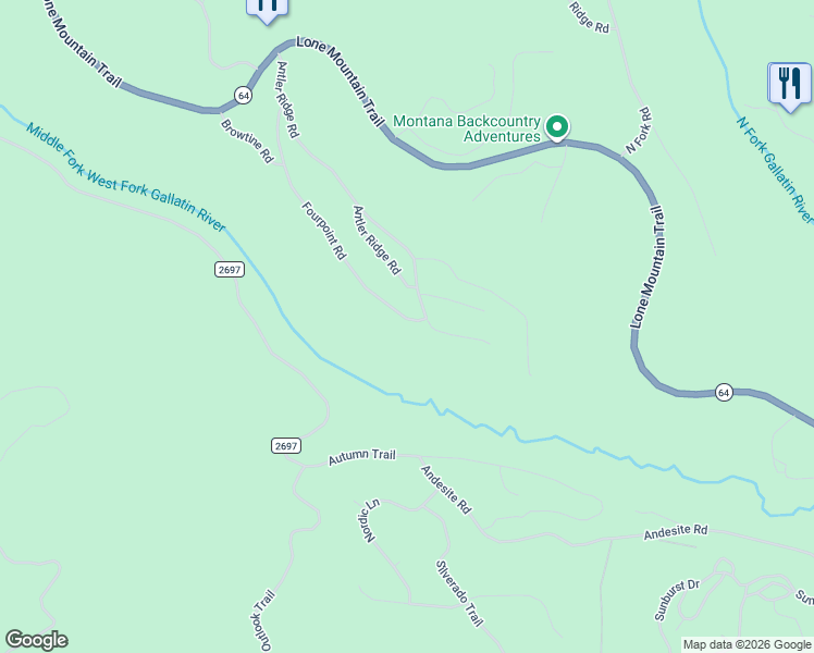 map of restaurants, bars, coffee shops, grocery stores, and more near 495 Fourpoint Road in Big Sky
