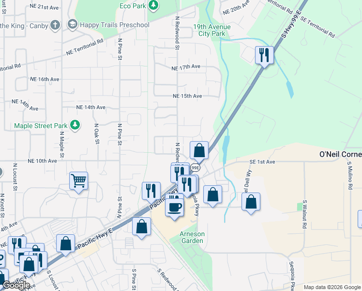 map of restaurants, bars, coffee shops, grocery stores, and more near 1149 North Spruce Court in Canby