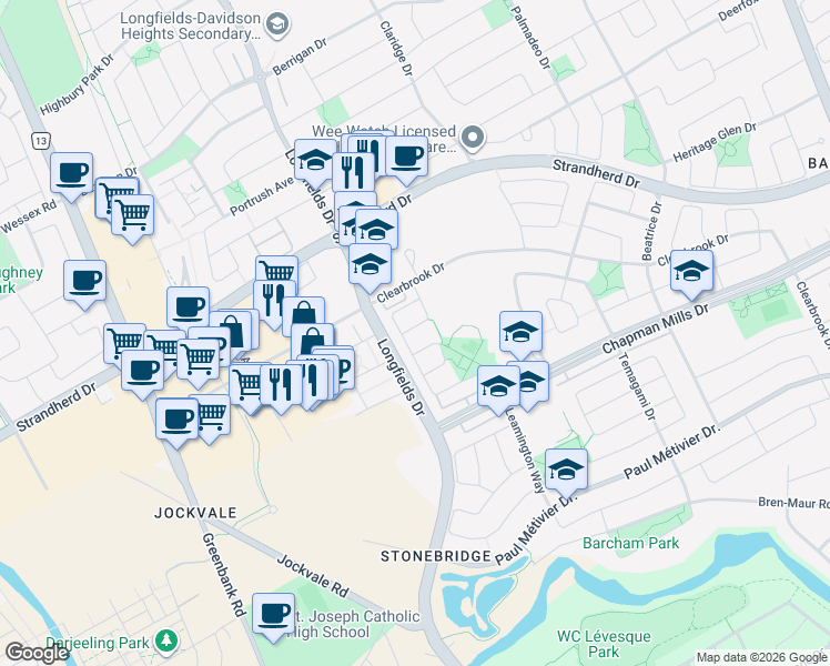 map of restaurants, bars, coffee shops, grocery stores, and more near 453 Silverstone Way in Ottawa
