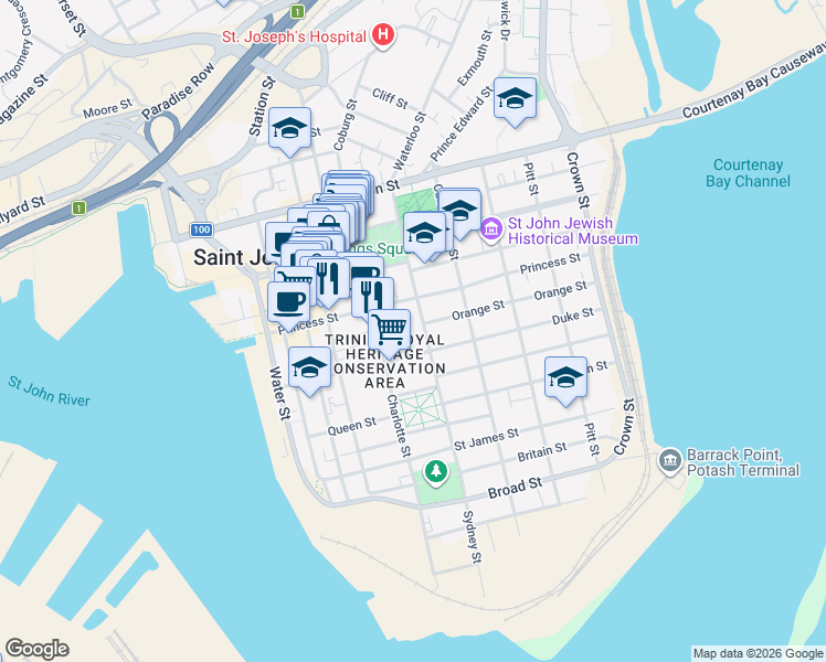 map of restaurants, bars, coffee shops, grocery stores, and more near 111 Sydney Street in Saint John