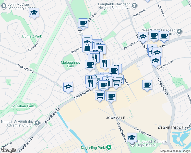 map of restaurants, bars, coffee shops, grocery stores, and more near 66 Benlark Road in Ottawa