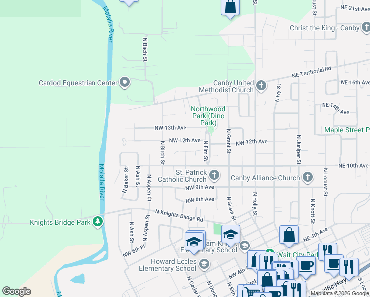 map of restaurants, bars, coffee shops, grocery stores, and more near 680 Northwest 11th Avenue in Canby