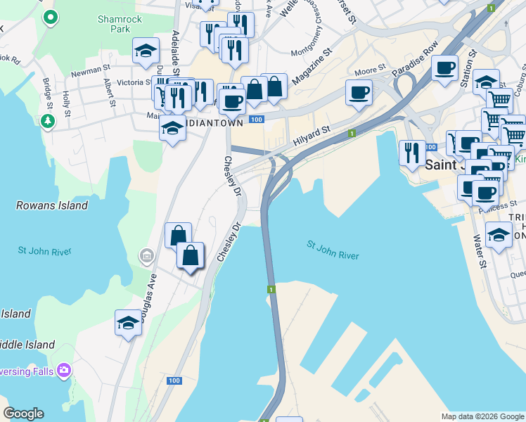 map of restaurants, bars, coffee shops, grocery stores, and more near Harbour Passage Trail in Saint John