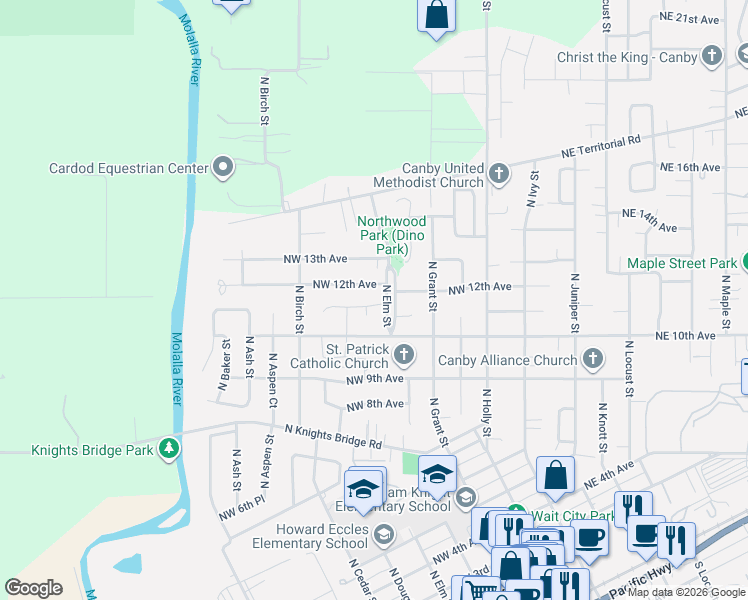 map of restaurants, bars, coffee shops, grocery stores, and more near 570 Northwest 11th Avenue in Canby