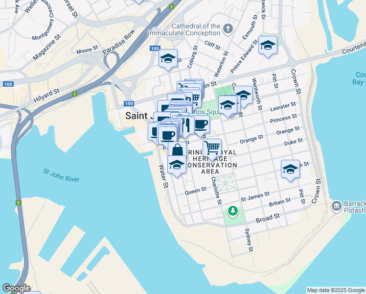 map of restaurants, bars, coffee shops, grocery stores, and more near 145 Germain Street in Saint John