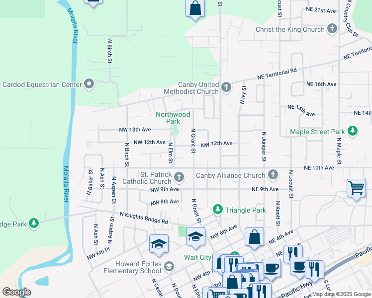 map of restaurants, bars, coffee shops, grocery stores, and more near 465 Northwest 12th Avenue in Canby