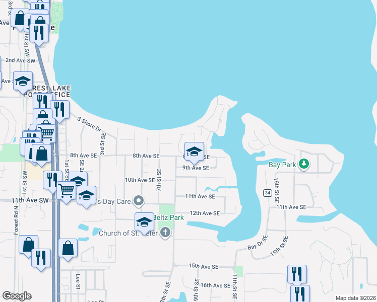 map of restaurants, bars, coffee shops, grocery stores, and more near 785 9th Street Southeast in Forest Lake