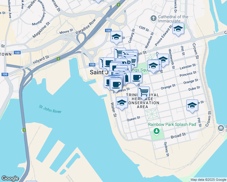 map of restaurants, bars, coffee shops, grocery stores, and more near 107 Prince William Street in Saint John