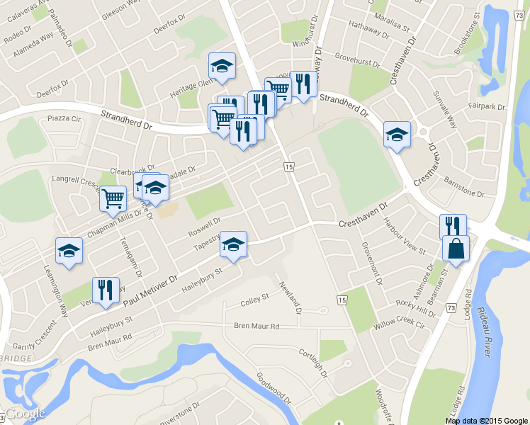 map of restaurants, bars, coffee shops, grocery stores, and more near 131 Sorento Street in Ottawa