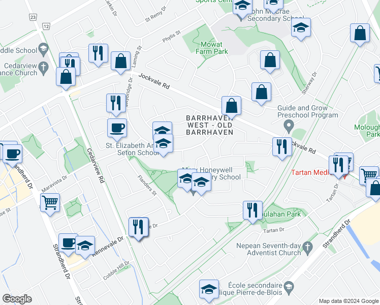 map of restaurants, bars, coffee shops, grocery stores, and more near 25 Weybridge Drive in Ottawa