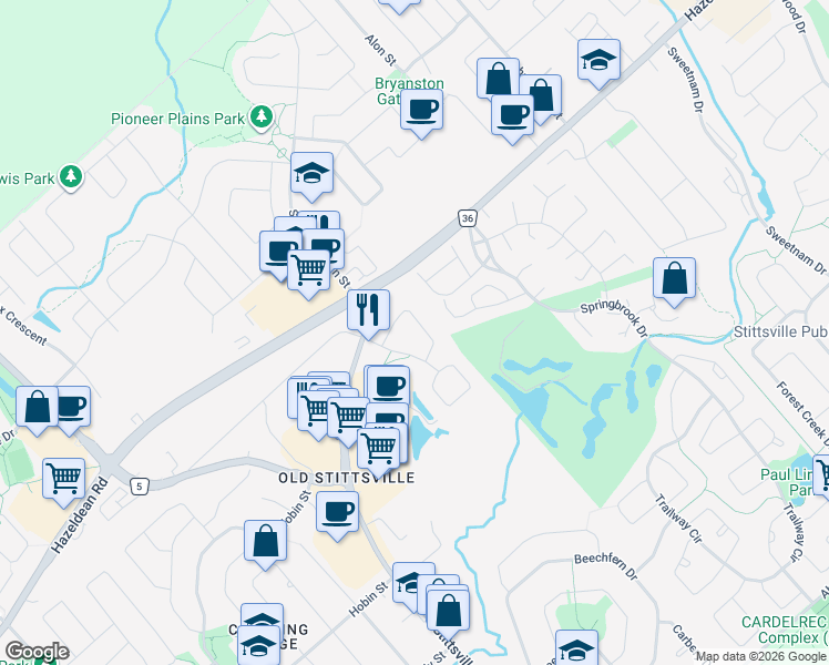 map of restaurants, bars, coffee shops, grocery stores, and more near 42 Stowgrass Crescent in Ottawa