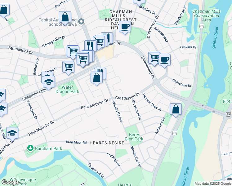 map of restaurants, bars, coffee shops, grocery stores, and more near 274 Serena Way in Ottawa