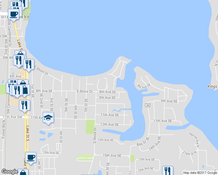 map of restaurants, bars, coffee shops, grocery stores, and more near 785 9th Street Southeast in Forest Lake