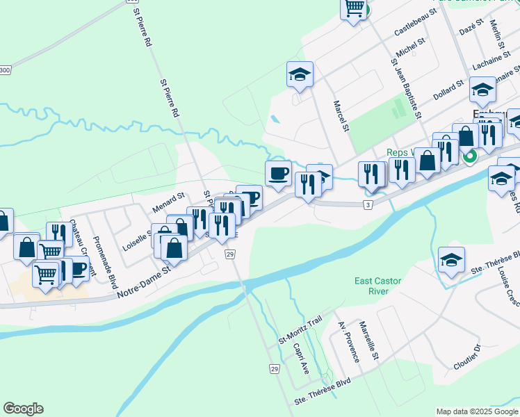 map of restaurants, bars, coffee shops, grocery stores, and more near 891a County Road 3 in Embrun
