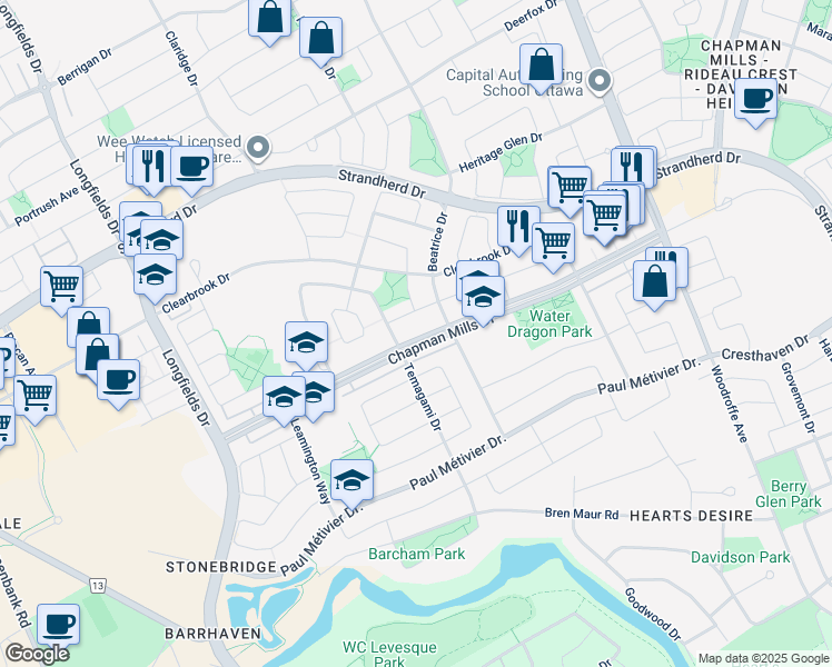 map of restaurants, bars, coffee shops, grocery stores, and more near 571 Chapman Mills Drive in Ottawa