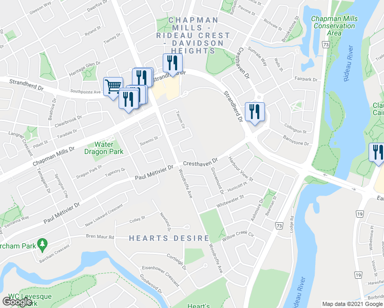 map of restaurants, bars, coffee shops, grocery stores, and more near 292 Serena Way in Ottawa