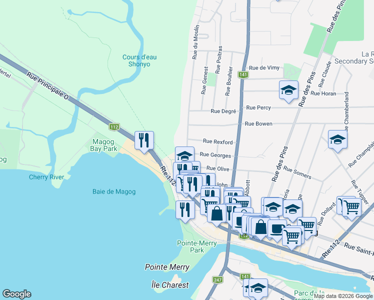map of restaurants, bars, coffee shops, grocery stores, and more near 388 Rue du Moulin in Magog