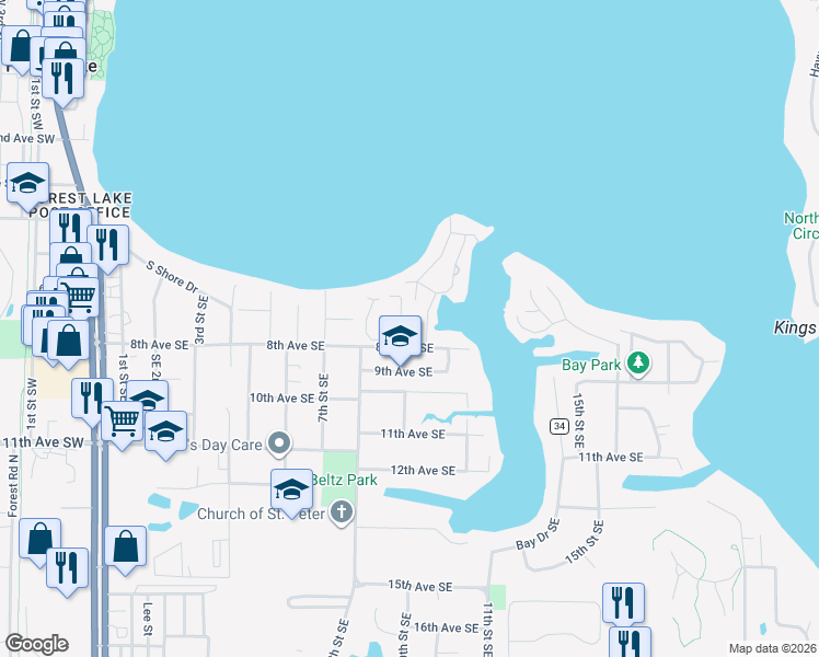 map of restaurants, bars, coffee shops, grocery stores, and more near 785 9th Street Southeast in Forest Lake