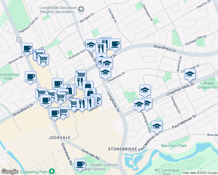 map of restaurants, bars, coffee shops, grocery stores, and more near 213 Mancini Way in Ottawa