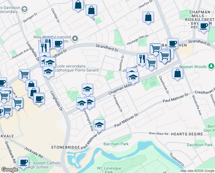 map of restaurants, bars, coffee shops, grocery stores, and more near 303 Langrell Crescent in Ottawa