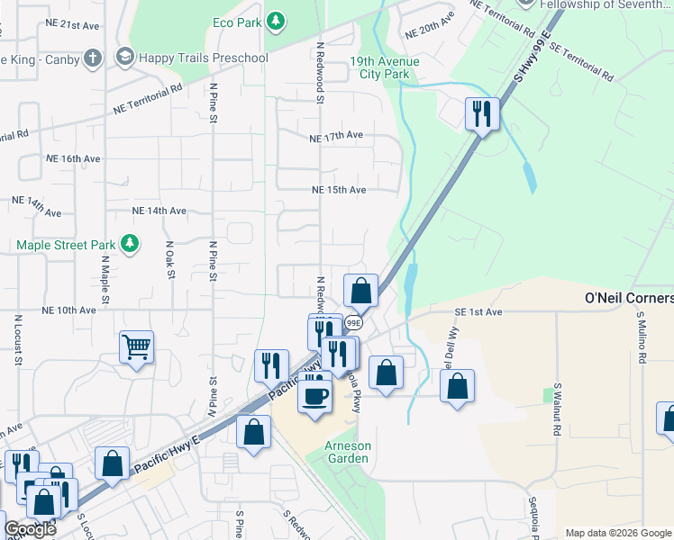 map of restaurants, bars, coffee shops, grocery stores, and more near 1130 Lilium Lane in Canby