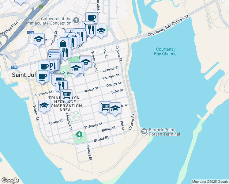 map of restaurants, bars, coffee shops, grocery stores, and more near Pitt Street in Saint John