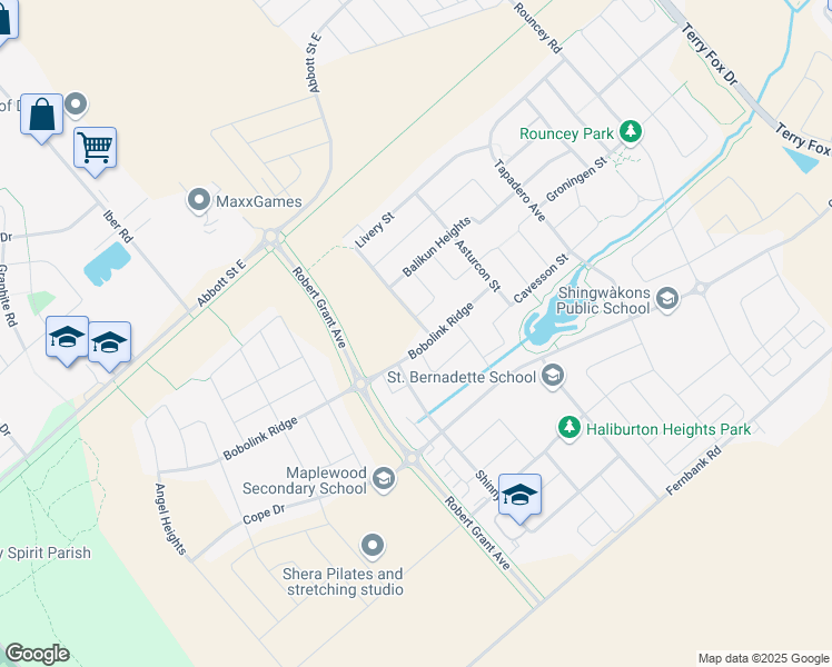 map of restaurants, bars, coffee shops, grocery stores, and more near 335 Bobolink Ridge in Ottawa