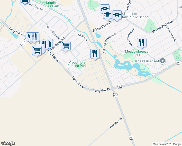 map of restaurants, bars, coffee shops, grocery stores, and more near 2071 Allegrini Terrace in Ottawa
