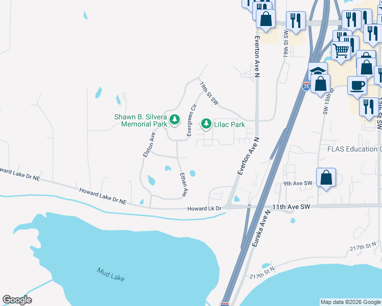 map of restaurants, bars, coffee shops, grocery stores, and more near 22095 Ethan Court in Forest Lake
