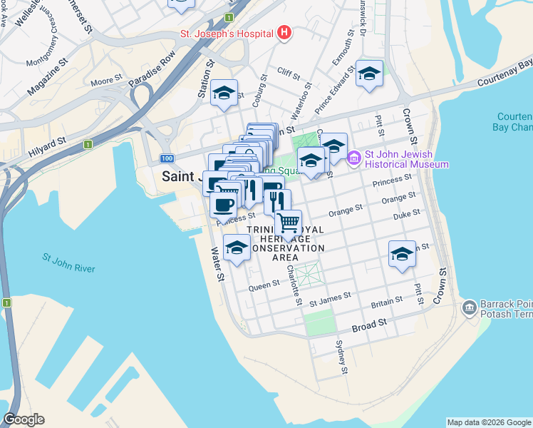 map of restaurants, bars, coffee shops, grocery stores, and more near 104 Princess Street in Saint-John