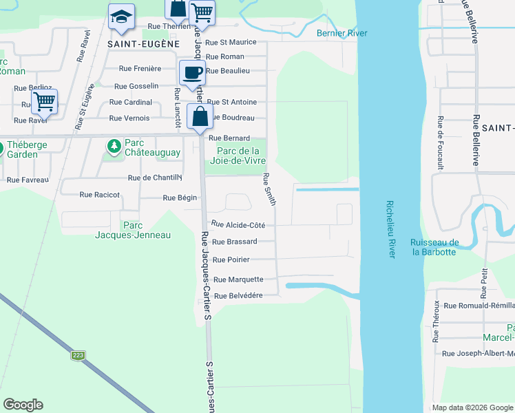 map of restaurants, bars, coffee shops, grocery stores, and more near Rue Desautels in Saint-Jean-sur-Richelieu