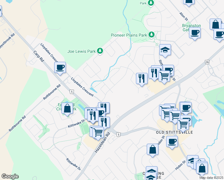map of restaurants, bars, coffee shops, grocery stores, and more near 257 Kimpton Drive in Ottawa