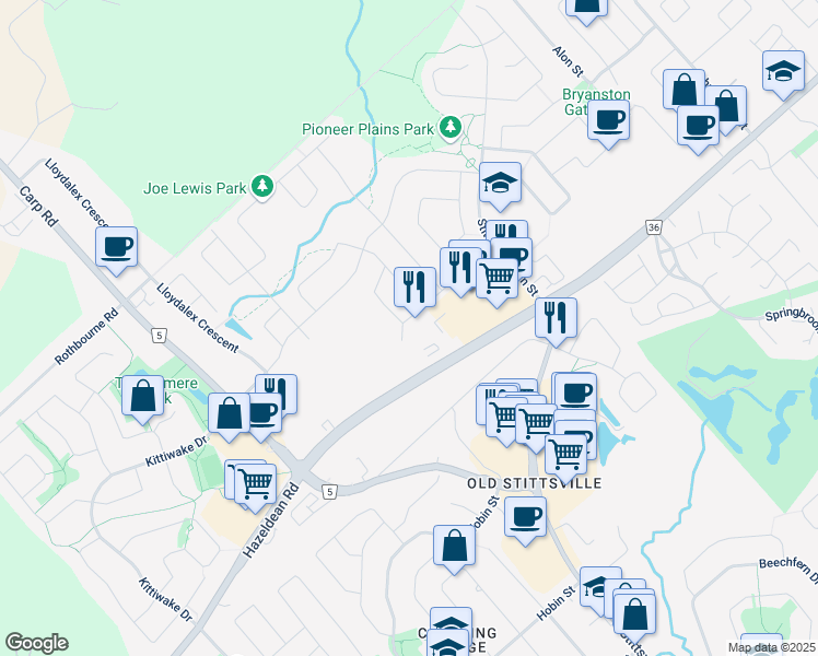 map of restaurants, bars, coffee shops, grocery stores, and more near 169 Bandelier Way in Ottawa