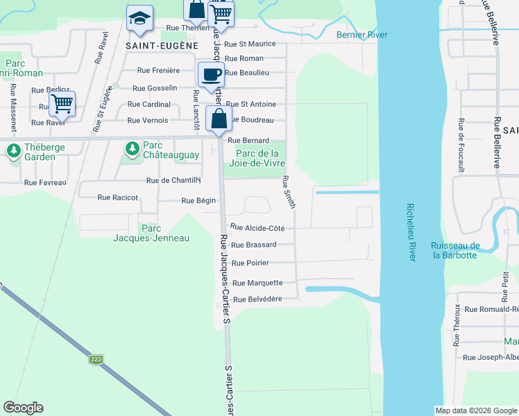map of restaurants, bars, coffee shops, grocery stores, and more near 115 Rue Desautels in Saint-Jean-sur-Richelieu