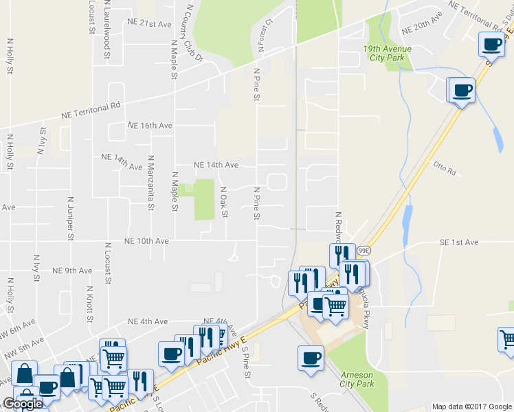 map of restaurants, bars, coffee shops, grocery stores, and more near North Pine Street in Canby