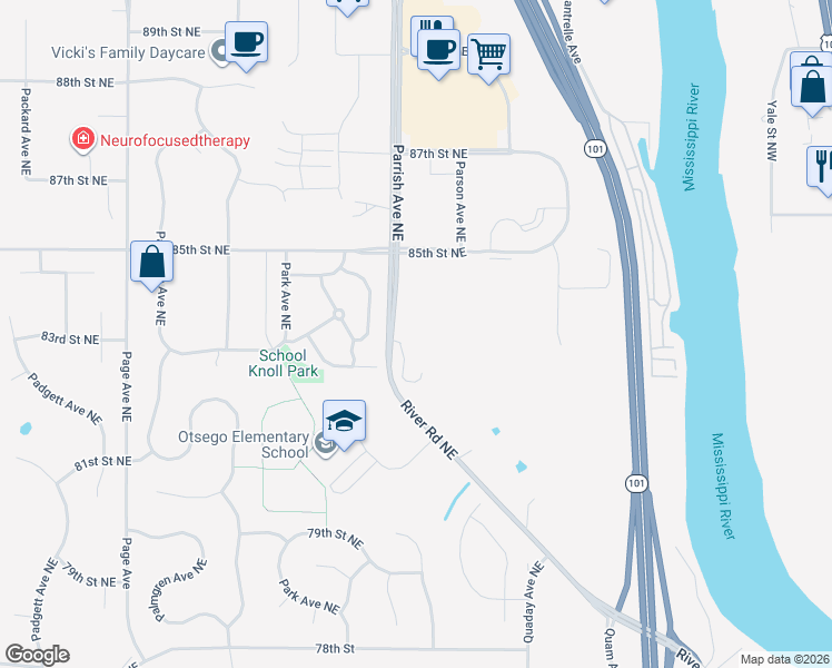 map of restaurants, bars, coffee shops, grocery stores, and more near 8344 Parrish Avenue Northeast in Otsego