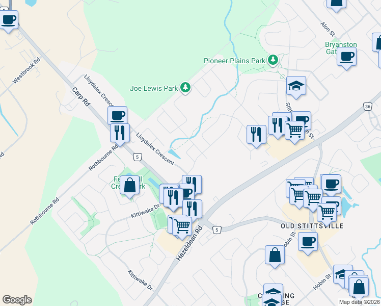 map of restaurants, bars, coffee shops, grocery stores, and more near 19 Allan Moore Place in Ottawa