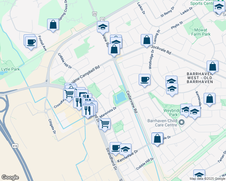 map of restaurants, bars, coffee shops, grocery stores, and more near Bamburgh Way in Ottawa
