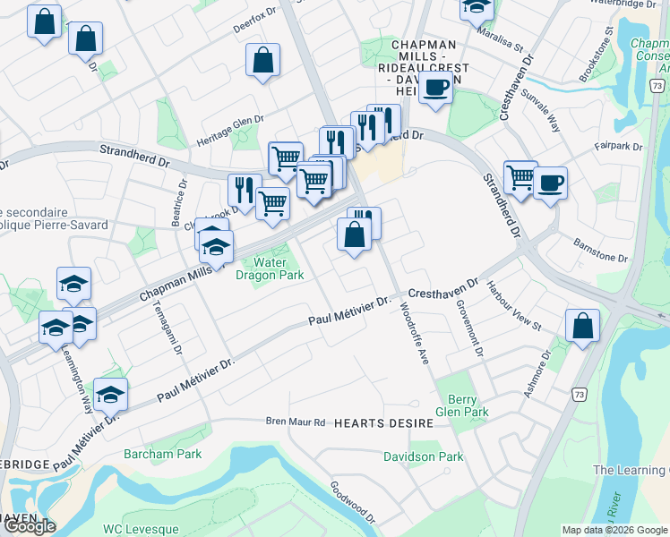 map of restaurants, bars, coffee shops, grocery stores, and more near 147 Sorento Street in Ottawa