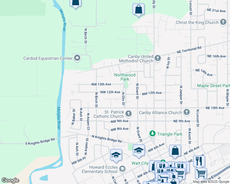 map of restaurants, bars, coffee shops, grocery stores, and more near 607 Northwest 12th Avenue in Canby