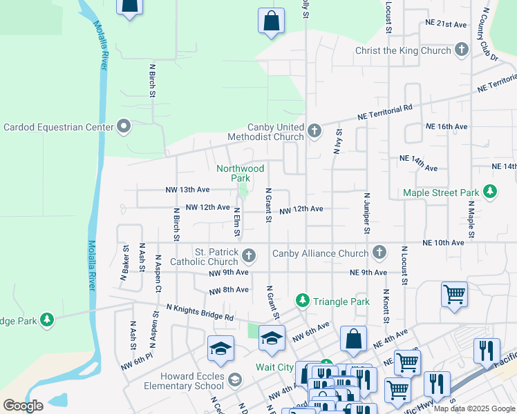 map of restaurants, bars, coffee shops, grocery stores, and more near 465 Northwest 12th Avenue in Canby