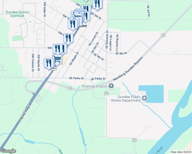 map of restaurants, bars, coffee shops, grocery stores, and more near 1096 Southeast Ash Street in Dundee
