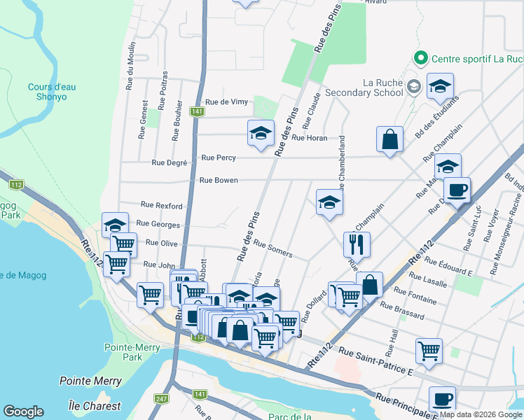 map of restaurants, bars, coffee shops, grocery stores, and more near 420 Rue des Pins in Magog